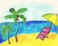 Hand drawn seaside landscape. Tropical resort with beach chair sand beach, exotic palm trees Colorful realistic sketch