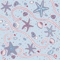 Hand drawn seastars, rope, seastones and seashells on wooden background. Vector seamless pattern