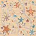 Hand drawn seastars, rope, seastones and seashells on wooden background. Vector seamless pattern
