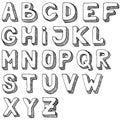 Hand drawn set of ABC letters. Free-hand alphabet illustration. 3d doodle.