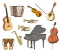 Hand drawn set of acoustic musical instruments.