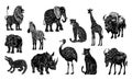Hand drawn set with african animals in linocut style. Isolated on white background. Royalty Free Stock Photo