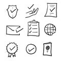 Hand drawn Set of Approve Related Vector Line Icons. Contains such Icons as Protection Guarantee, Accepted Document, Quality Check
