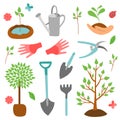 Hand drawn set Arbor day in style cartoon. Graphics sketch trees, garden tools. Vector illustration, isolated color