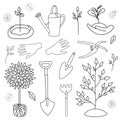 Hand drawn set Arbor day in style outline doodle. Graphics sketch trees, garden tools. Vector illustration, isolated