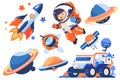 Hand Drawn Set of astronauts and space objects in flat style Royalty Free Stock Photo