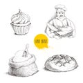 Hand drawn set bakery illustrations. Baker with baker basket of fresh bread, bread loaf, cupcake and sack with flour and wooden s