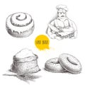 Hand drawn set bakery illustrations. Baker with fresh bread, sesame bagels, iced sweet cinnamon bun and sack with whole flour wit