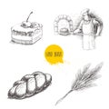 Hand drawn set bakery illustrations. Baker making fresh bread in stone oven, cream chocolate cake with cherry, fresh sesame bun an Royalty Free Stock Photo