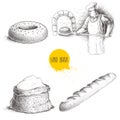 Hand drawn set bakery illustrations. Baker making fresh bread in stone oven, sesame bagel, fresh baguette and flour sack