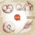 Hand drawn set bakery illustrations. Baker making fresh bread in stone oven, sesame bagel, german pretzel and wheat bunch.