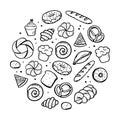 A hand-drawn set of bakery items elements bretzel croissant bread donut baguette Vector in the style of a doodle sketch. For cafe