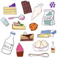 Hand drawn set of baking ingredients and desserts. Cake, chocolate and cookie. Vector illustration