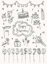 Hand drawn set Birthday elements. Cakes, balloons, festive attributes.