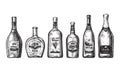 Hand-drawn set bottles for bar. Alcoholic beverages, drink such as wine, beer, brandy, champagne, whiskey, vodka. Sketch il