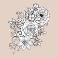 Hand drawn set of bouquet flowers and leaves. Peony, rose, lily, cotton elements. Floral summer collection. Decorative composition Royalty Free Stock Photo