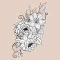 Hand drawn set of bouquet flowers and leaves. Peony, rose, lily, lotus elements. Floral summer collection. Decorative composition Royalty Free Stock Photo
