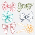 Hand-drawn set of bows to decorate the composition. Engraving art. Tied ribbon for banner and advertising by cros Royalty Free Stock Photo