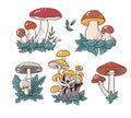 Hand drawn set with cartoon mushroom and toadstools. Vector illustration isolated on white background.