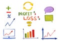 Hand drawn set of charts, graphs, symbols, diagrams. Words: `profit`, `loss`.