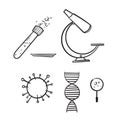 Hand drawn set of Chemistry lab and diagrammatic icons showing assorted experiments, glassware and molecules isolated on white for Royalty Free Stock Photo