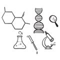 Hand drawn set of Chemistry lab and diagrammatic icons showing assorted experiments, glassware and molecules isolated on white for Royalty Free Stock Photo