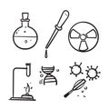 Hand drawn set of Chemistry lab and diagrammatic icons showing assorted experiments, glassware and molecules isolated on white for Royalty Free Stock Photo
