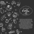 Hand Drawn Set Coffee Vector Illustration Breakfast. Vintage coffee objects for restaurant or cafe menu on blackboard Royalty Free Stock Photo