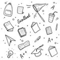 Hand drawn set of college, school study elements. Doodle style.