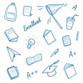 Hand drawn set of college, school study elements. Doodle style.