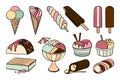 Hand drawn set of coloured doodle with different ice cream types: waffle cone, cup ice cream, popsicle.
