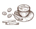 Hand Drawn set, Cup of hot drink, oat cookies and packaging sugar