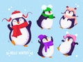 Hand drawn set of cute dancing penguins. Different winter hats and various poses. Blue blackground with snowflakes. Vector