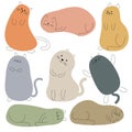 Hand drawn set of cute emotional cartoon cats.