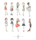 Hand drawn set with cute fashion girls in dresses, with different hair color and hairstyle, in evening and day apparel. Isolated