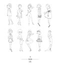 Hand drawn set with cute fashion girls in dresses, with different hairstyle, in evening and day apparel. Isolated on white