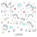 Hand drawn set with Cute unicorn print for kids. Vector illustration.