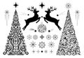 Hand drawn set of decorative Christmas trees, reindeers, snowflakes and stars. Happy New Year collection for winter holidays. Royalty Free Stock Photo