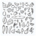 Hand drawn set of different food and drinks. Doodle style. Healthy food ingredients. Stickers Royalty Free Stock Photo