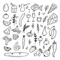 Hand drawn set of different food and drinks. Doodle style. Healthy food ingredients Royalty Free Stock Photo