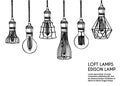 Hand drawn set of different geometric loft lamps against a brick wall background.