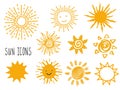 Hand drawn set of different suns icons isolated on white.