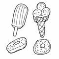 Hand drawn set of doodle with different ice cream types: waffle cone, cup ice cream, popsicle, sundae. Sketch style vector