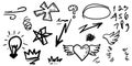 Hand drawn set of doodle emphasis elements. Bulb, star, arrow, heart, highlight text, crown