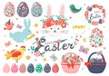 Hand drawn set of Easter eggs, chicken, rabbit, bunny, chick in eggshell, flowers, butterfly, wreaths, baskets, carrots, hearts, Royalty Free Stock Photo