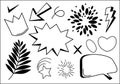 Hand drawn set element,black on white background.arrow,leaves,speech bubble,heart,light,king,star,check mark,swirl,for concept