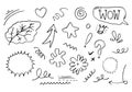 Hand drawn set elements, black on white background. Arrows,crown, hearts, love, exlamation, leaves, flowers, swirl, star and wow Royalty Free Stock Photo