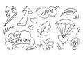 Hand drawn set elements, black on white background. Arrows, hearts, love, thunder, leaves, flowers, bulb, happy birthday and wow Royalty Free Stock Photo