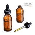 Hand drawn set of essential oils. Vector vintage mock up. Medicinal essence in glass dropper bottle. Engraved colored