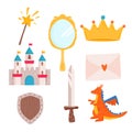 Hand drawn set of fairy tale and magic princess elements lock, crown dragon, key, potion sword, mirror, horse, magic Royalty Free Stock Photo